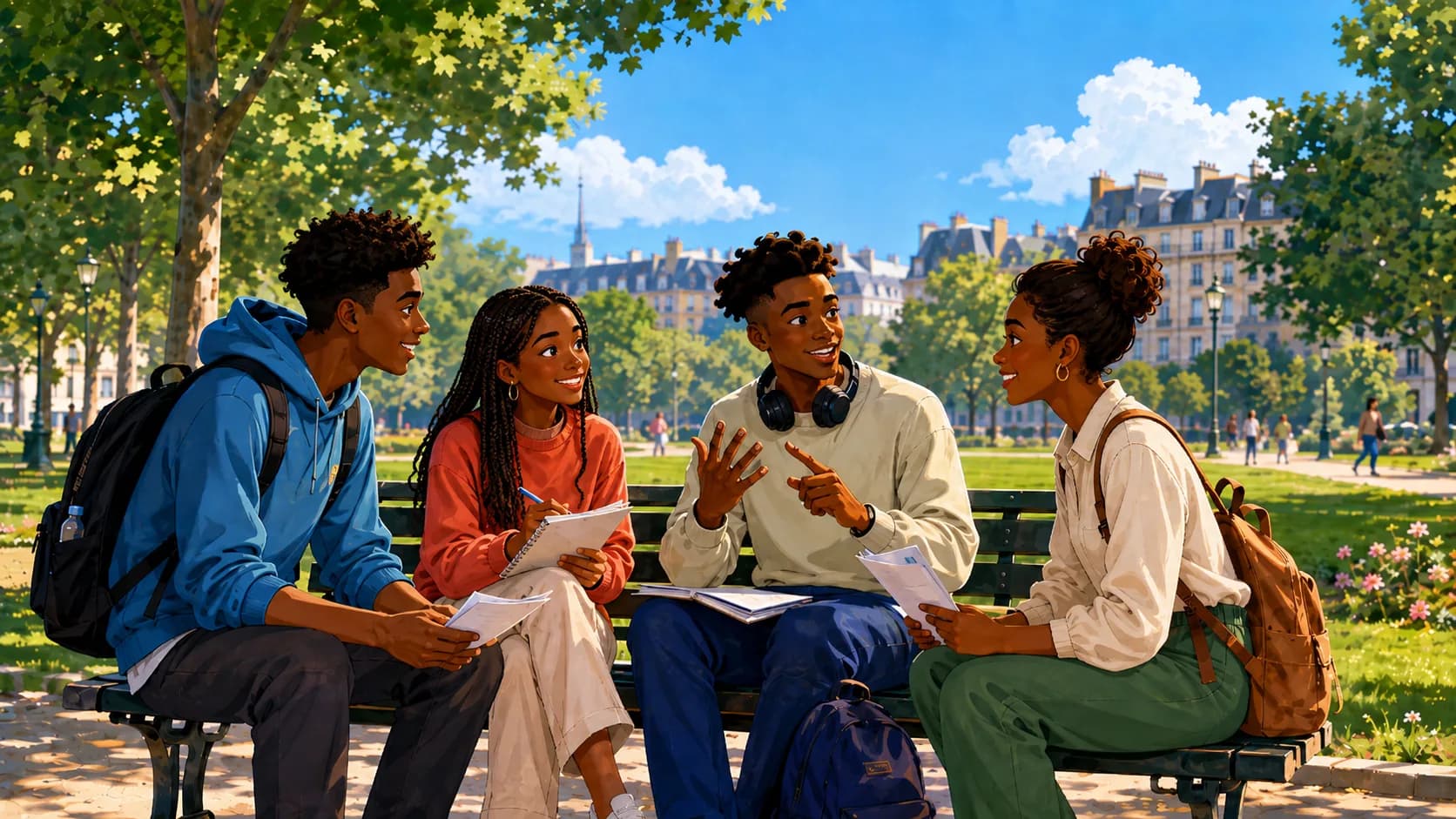 Alice discute avec d’autres étudiants sur un banc, dans un parc en ville.