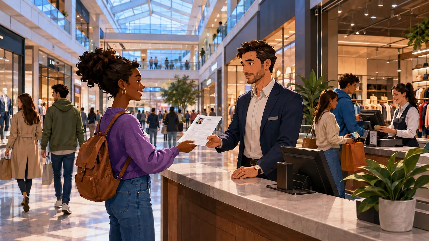 Alice remet son CV à un responsable, dans un lieu de travail.